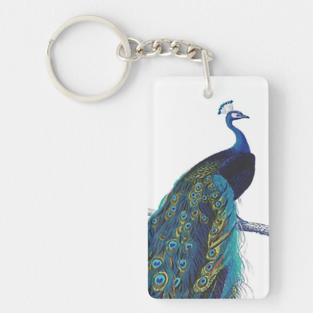 Blue Peacock with beautiful tail feathers Keychain (Front)