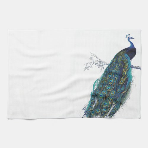 Blue Peacock with beautiful tail feathers Kitchen Towel