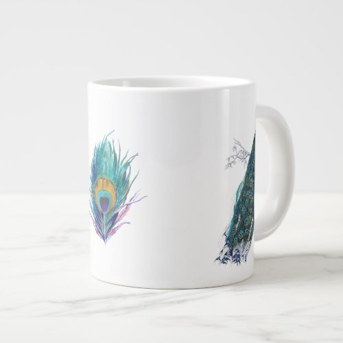 Blue Peacock with beautiful tail feathers Large Coffee Mug