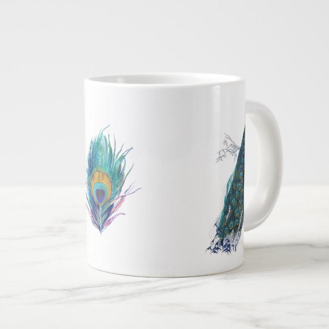 Blue Peacock with beautiful tail feathers Large Coffee Mug (Front Right)
