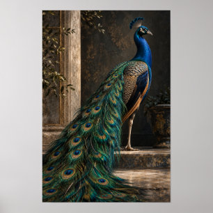 Blue Peacock with Iridescent Tail in Classical Gar Poster