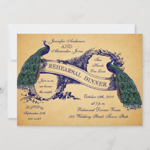 Blue Peacocks Vintage Rehearsal Dinner Invitation