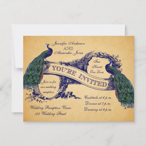 Blue Peacocks Vintage Wedding Reception Invitation