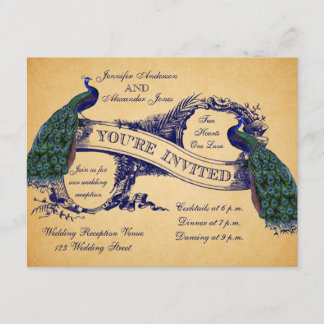 Blue Peacocks Vintage Wedding Reception Invitation