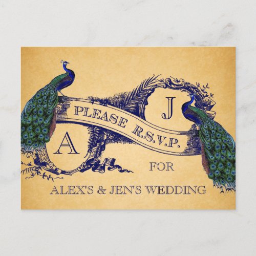 Blue Peacocks Vintage Wedding RSVP Postcard 2