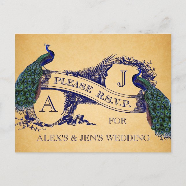 Blue Peacocks Vintage Wedding RSVP Postcard 2 (Front)