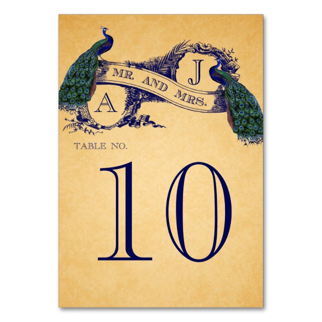 Blue Peacocks Vintage Wedding Table Number Card (Front)