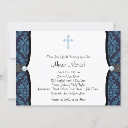 Blue Pearl Cross Blue Black Damask Christening Personalized Invite