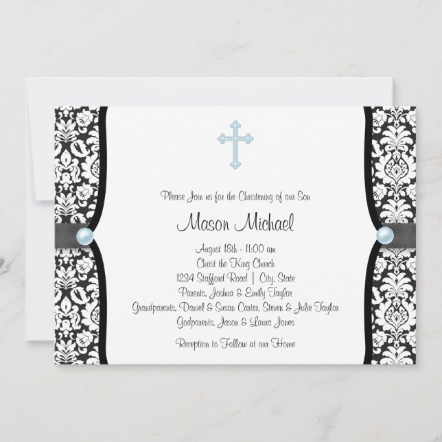 Blue Pearl Cross Blue Black Damask Christening Invitation (Front)