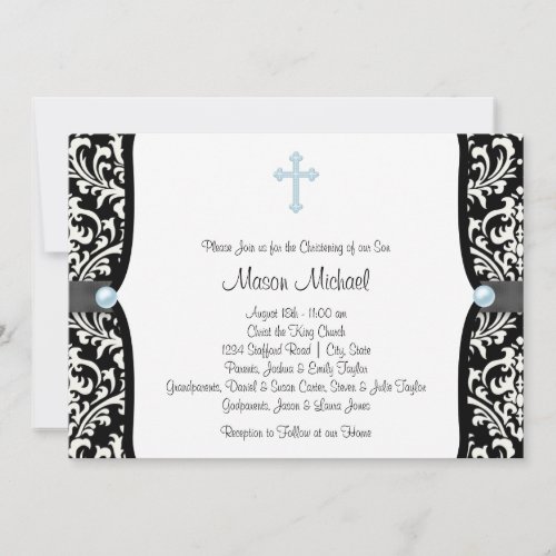 Blue Pearl Cross Blue Black Damask Christening Personalized Announcements