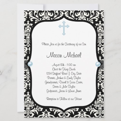 Blue Pearl Cross Blue Black Damasque Christa Invitation