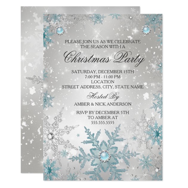 Blue Pearl Crystal Snowflake Christmas Party Invitation