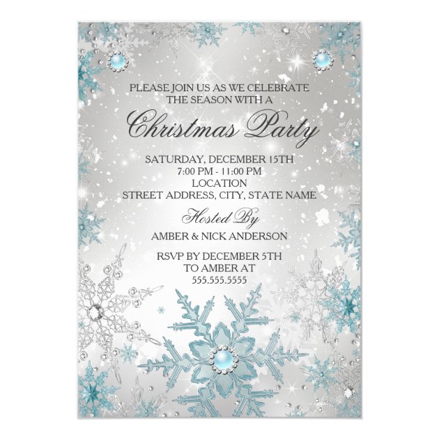 Blue Pearl Crystal Snowflake Christmas Party Invitation