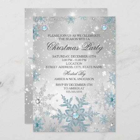 Blue Pearl Crystal Snowflake Christmas Party Invitation