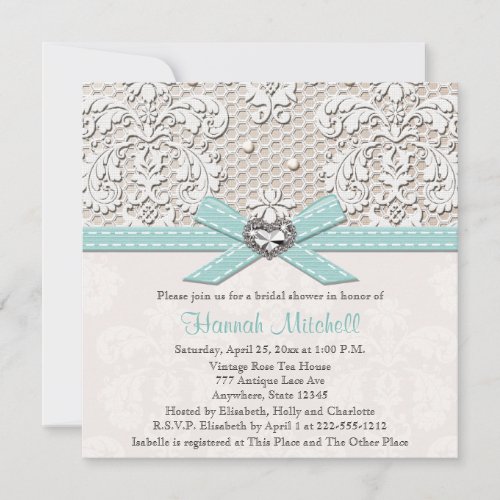 Blue Pearl Lace Diamond Bridal Shower Invitations