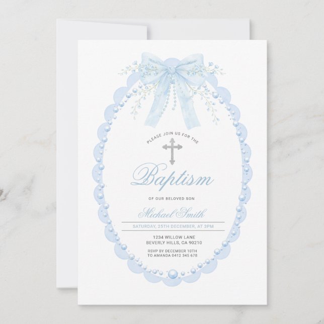 Blue Pearl Oval Baptism Boy Christening with Cross Invitation (Front)
