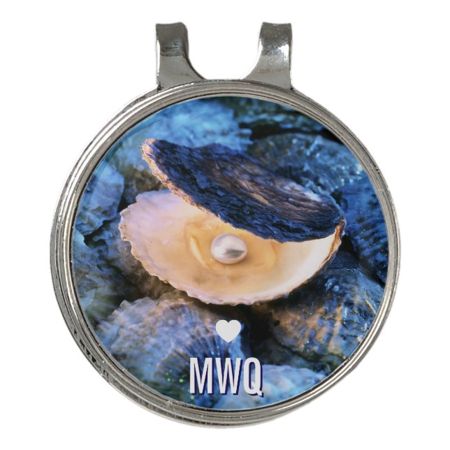 Blue Pearl Oyster Aesthetic Monogram Golf Hat Clip (Front)