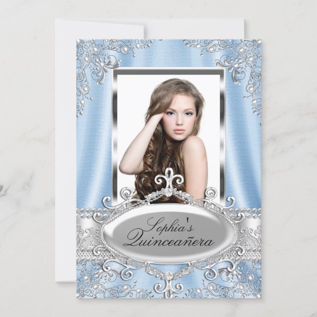 Blue Pearl Silk Vintage Glamour Quinceanera Invitation (Front)
