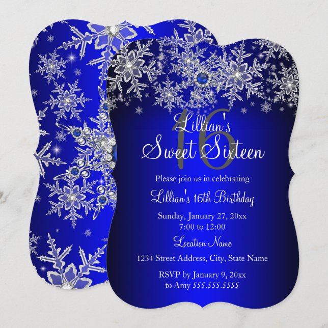 Blue Pearl Silver Snowflake Sweet 16 Invitation (Front/Back)