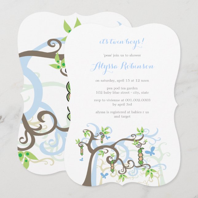 Blue Peas In The Pod Boy Twins Baby Shower Invite (Front/Back)