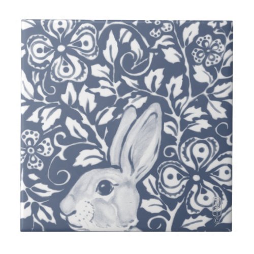 Blue Peeking Rabbit Bunny Floral Dedham Delft Ceramic Tile