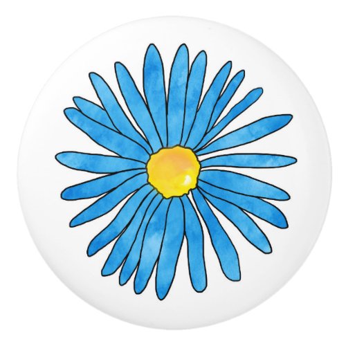Blue Pen and Watercolor Aster Flower  Ceramic Knob
