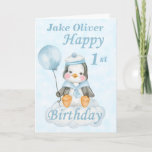 Blue Penguin 1st Birthday Card<br><div class="desc">A cute 1st birthday baby penguin birthday card. The card features a baby boy penguin sitting on a cloud holding a balloon. A sweet design for any little boy who will be 1 year old. Add the child, s name to the front of the card to customize it for that...</div>