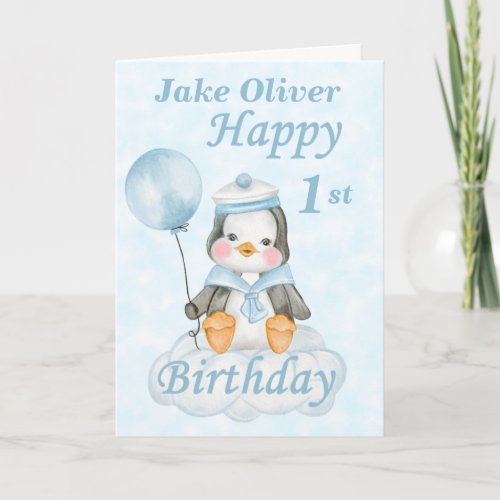 Blue Penguin 1st Birthday Card