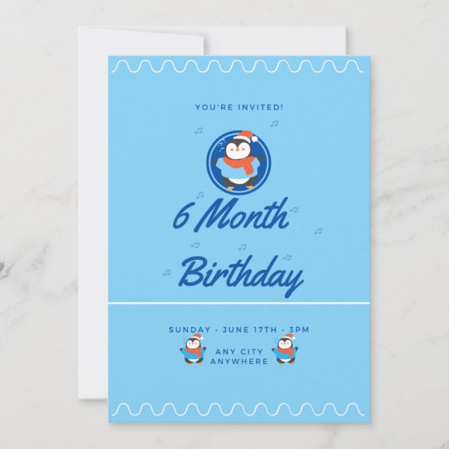Blue Penguin 6 Month Birthday Invitation (Front)