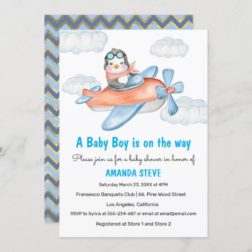 Blue Penguin Airplane Boy Baby Shower Invitation