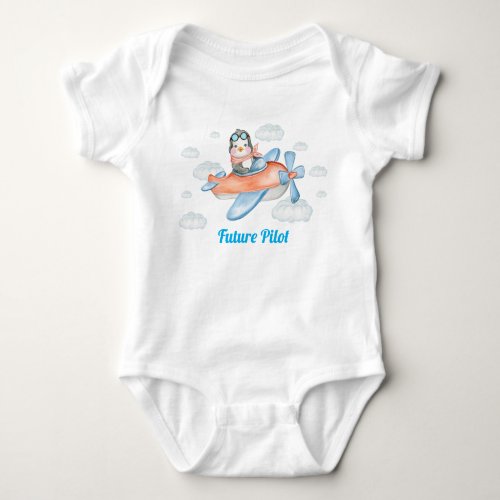 Blue Penguin Animal Airplane Pilot Baby Bodysuit