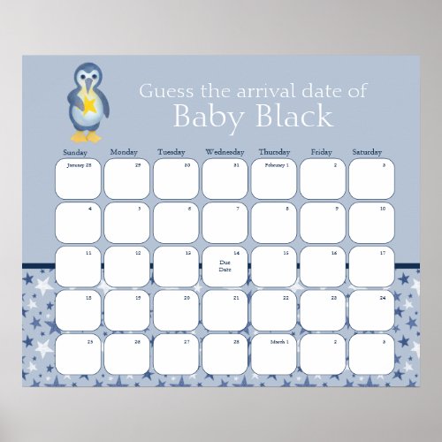 Blue Penguin Baby Shower Guess The Due Date Poster