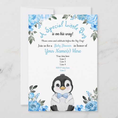 Blue Penguin Baby Shower Invitation Floral