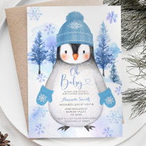 Blue Penguin knitted Hat Snowflakes Baby Shower Invitation