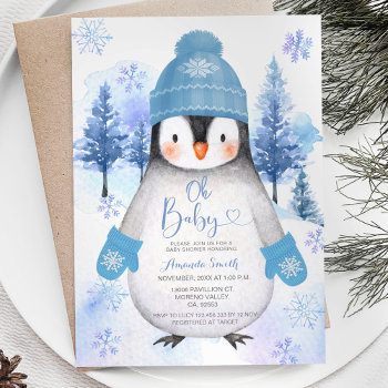 Blue Penguin Knitted Hat Snowflakes Baby Shower Invitation by HappyPartyStudio at Zazzle