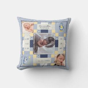 Blue Penguin Quilt Baby Birth Stats Personalized Throw Pillow