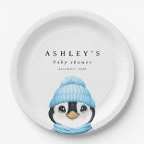 Blue Penguin Winter Baby Shower Paper Plates