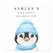 Blue Penguin Winter Baby Shower Square Sticker