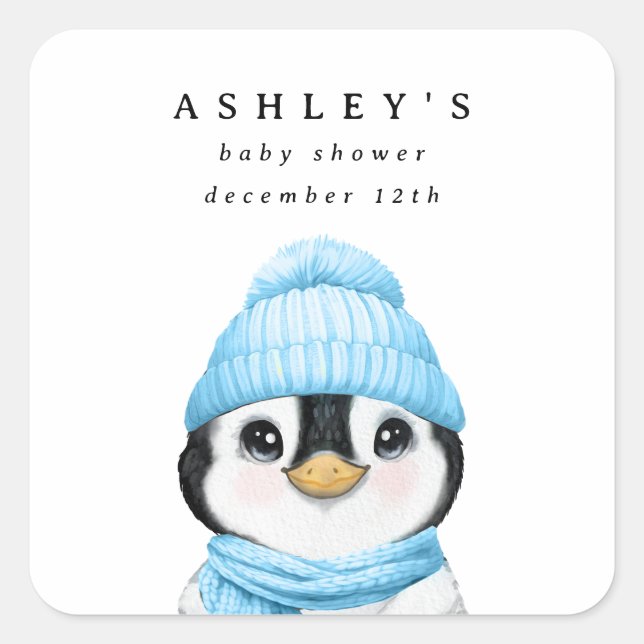 Blue Penguin Winter Baby Shower Square Sticker (Front)