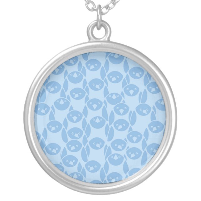 Blue penguins pattern background silver plated necklace (Front)