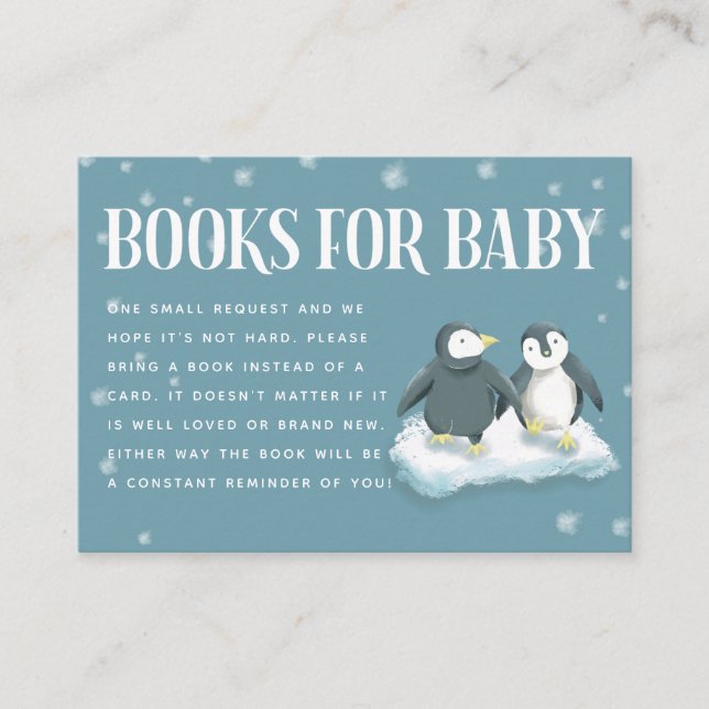 Blue Penguins Winter Baby Shower Book Request Enclosure Card (Front)