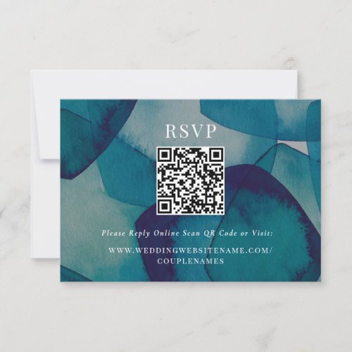 Blue Pentagons Watercolor Wedding Online QR Code RSVP Card