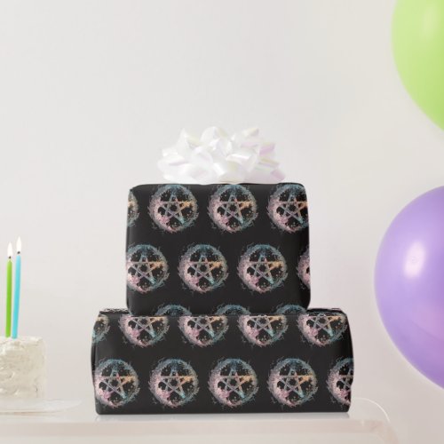 Blue Pentagram Witchcraft Black Halloween Wrapping Paper