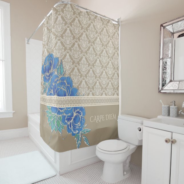 BLUE PEONIES & DAMASK ~ Shower Curtain (In Situ)