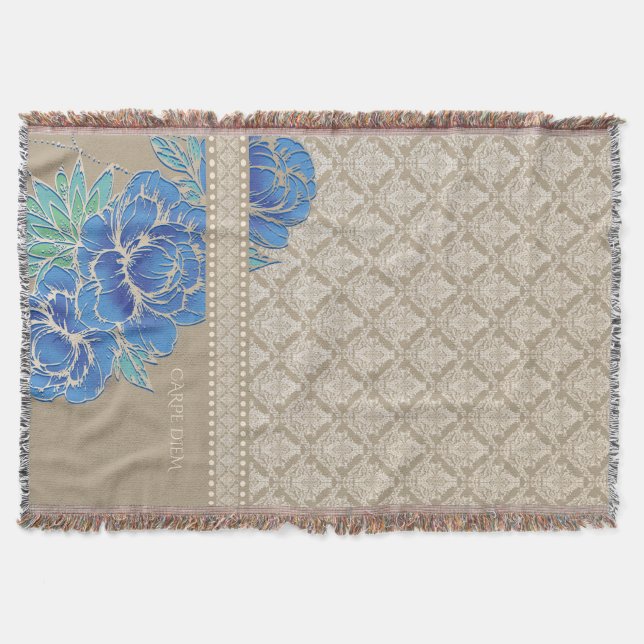 BLUE PEONIES & DAMASK - Throw Blanket (Front)