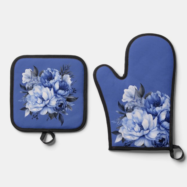 Blue Peonies Floral Elegant Oven Mitt & Pot Holder Set (Front)