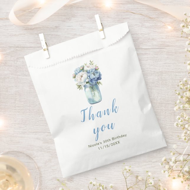 Blue Peonies Mason Jar Birthday Favor Bag (Clipped)