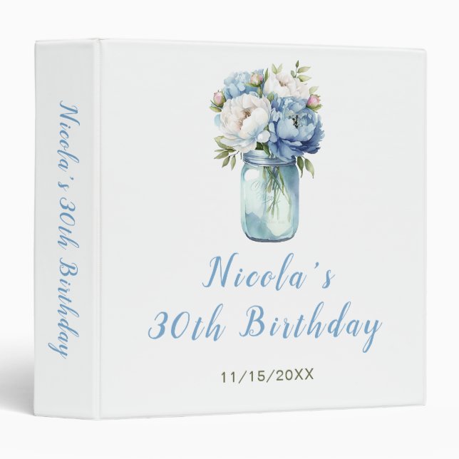 Blue Peonies Mason Jar Birthday Party Photo Album 3 Ring Binder (Front/Spine)