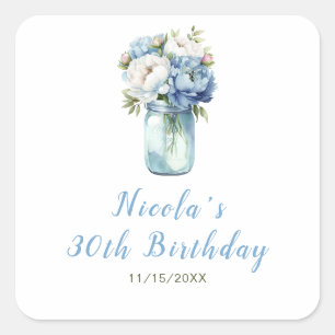 Blue Peonies Mason Jar Birthday Square Sticker