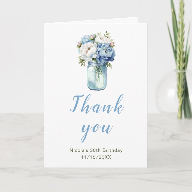 Blue Peonies Mason Jar Birthday Thank You Card (Front)